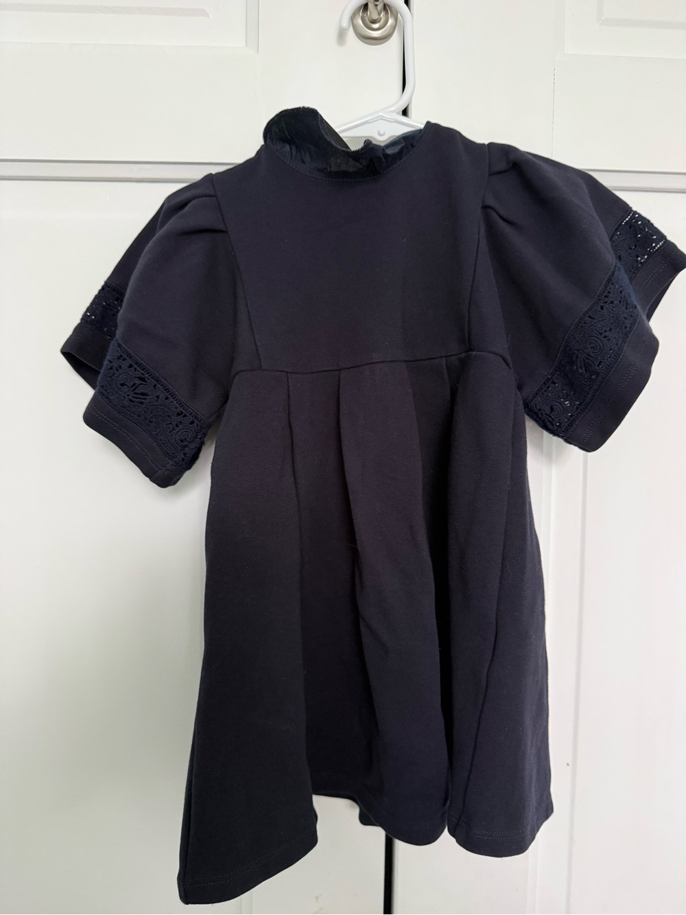 Chloe Girls Navy Short Puff Sleeve Dress with Lace Trim